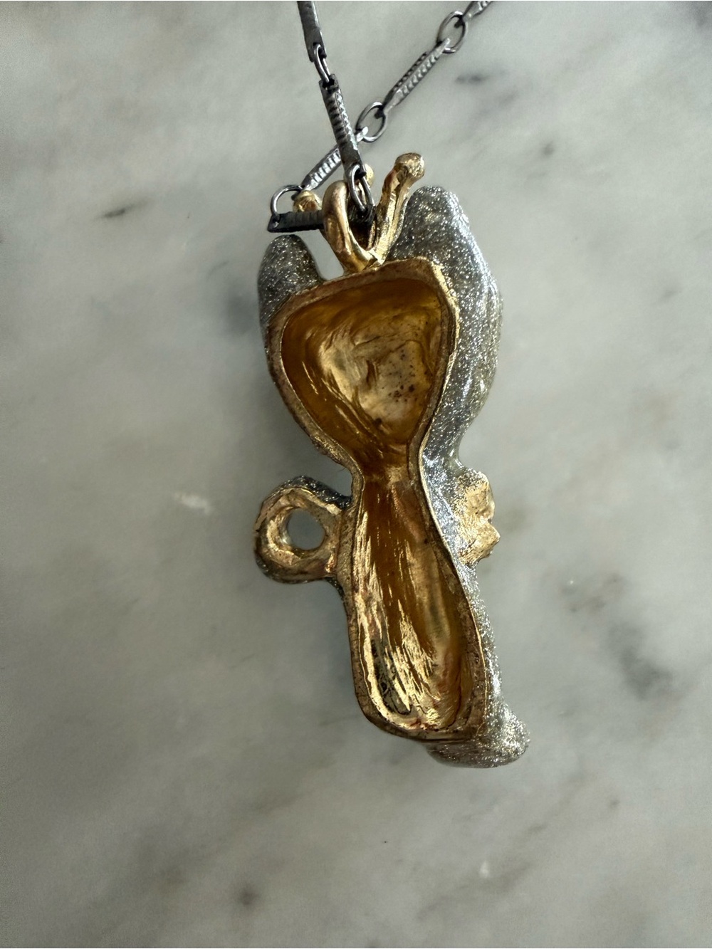 Betsey Johnson Gold and Silver Layered Cat Pendant Necklace with lavender Stones - Picture 8 of 12